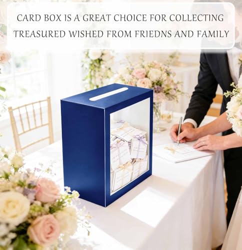 Image of SietDESEO Blue Card Box for Party with Clear Window Large Gift Card Box Holder for Wedding Reception Birthday Graduation Baby Shower Raffle Ticket Box