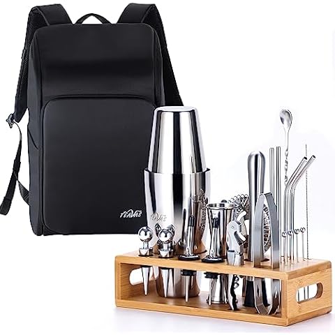 Teavas Bartender Traveling Backpack and mixology Bartender Tool Kits with Bamboo Stand | 25 Pieces of Boston Cocktail Shaker Set with Recipe menu | Barware Present Gift Cover