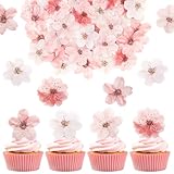 50 PCS Edible Cherry Blossoms Cupcake Toppers Edible Cherry Blossoms Flowers Cake Decorations for Spring Tea Party Cherry Themed Birthday Party Baby Shower Bridal Engagement Anniversary baked goods