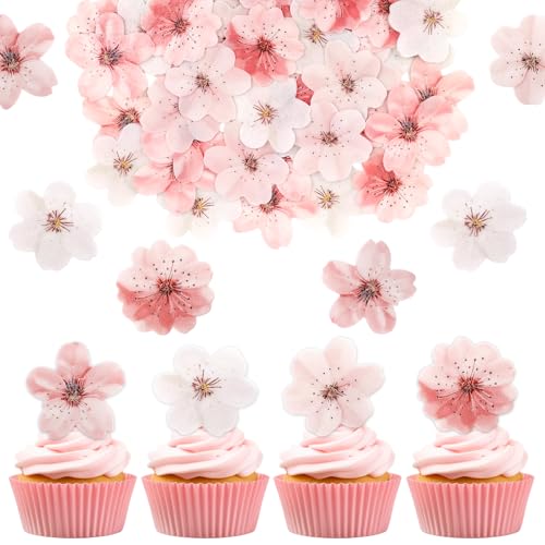 50 PCS Edible Cherry Blossoms Cupcake Toppers Edible Cherry Blossoms Flowers Cake Decorations for Spring Tea Party Cherry Themed Birthday Party Baby Shower Bridal Engagement Anniversary baked goods