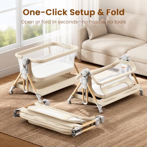 Image of ANGELBLISS Baby Bassinet, 3-in-1 Bedside Sleeper, One-Click Foldable Crib