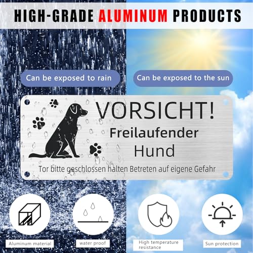 Vorsicht Freilaufender Hund, 25x10cm Achtung Schild, Betreten Auf Eigene Gefahr, Warnung Vor Dem Hund, Aluminium Mit Selbstklebend Und Vorgebohrten Löchern (1)