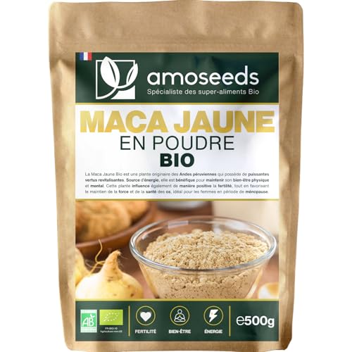 Maca Jaune en Poudre BIO 500G | 100% racine de Maca du Pérou | Fertilité, Tonus, Énergie mentale | Qualité Supérieure