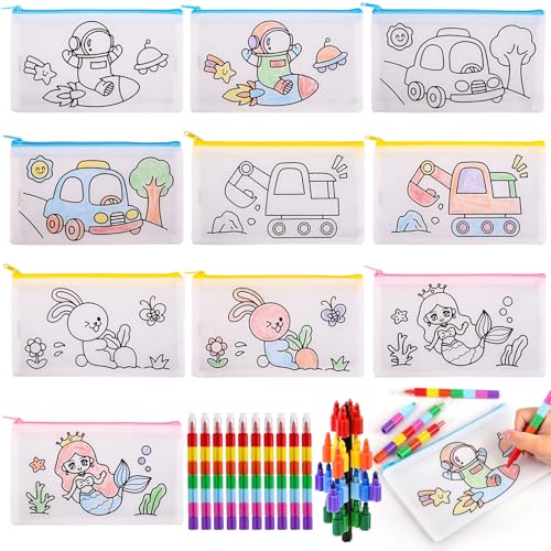Fizdoqg 10 Piezas Estuche para Colorear Regalo Niños y 10 Piezas Ceras de Colores para Niños Apilables, Bolsas para Colorear para Fiesta de Cumpleaños Infantiles de Regalo