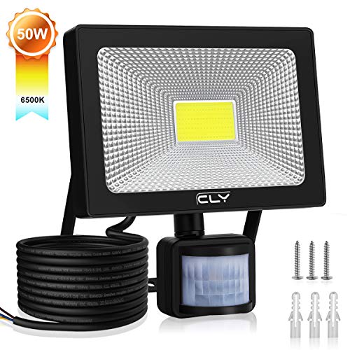 CLY Proyector de 50 W con sensor de movimiento, luz de seguridad IP66, proyector de exterior con sensor LED, 5000LM blanco frío 6500K, proyectores de LED para jardín, pasillo, terraza, patio