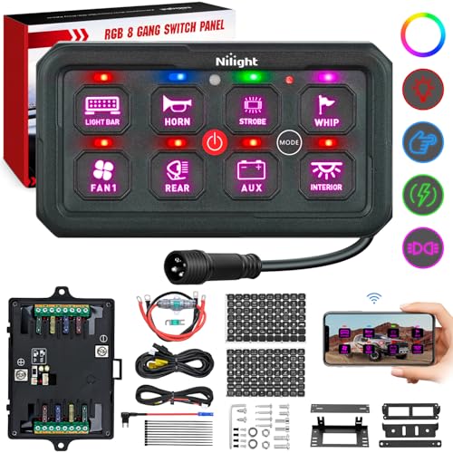 Image of Nilight 8 Gang Switch Panel APP RGB 12V 24V Circuit Control System 4-Mode | w /Power Source Switch APP Remote Control Automatic Dimmable Toggle /Momentary /Strobe /Flash for Car Pickup Truck Camper SUV