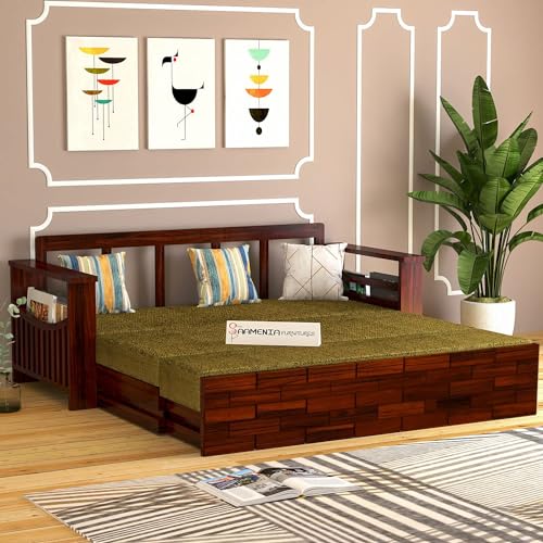 Image of Mamta Furniture Solid Wood Foster 3 Seater Sofa Cum Bed with 40 Density Cushions for Living Room, Three Seater Queen Size Sofa Bed for Home, Sofa Com Bed, Sheesham Wood Mahogany Finish