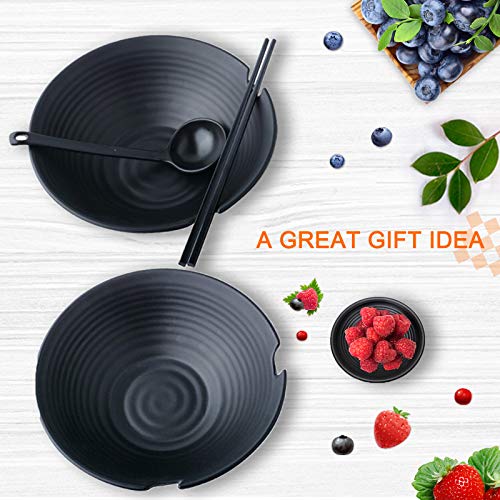 Vivimee Unbreakable Japanese Style Ramen Bowl Set Of 2, 37Oz Black Large Ramen Bowls And Spoons Set With Chopsticks & Saucers For Pho Thai Miso Udon Soup Noodles Or Asian Food, Matte Melamine Bowls #TOP6