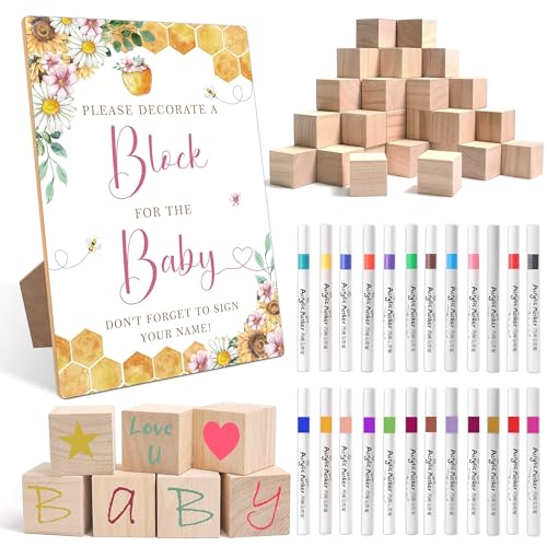 Image of Mopwe Bee Baby Shower Games, Honeybee Baby Shower Decorations, Honeycomb Decorate a Block Game Set, Gender Reveal Games, Includes 54 Blank Building Blocks, 24 Pens, 1 Sign