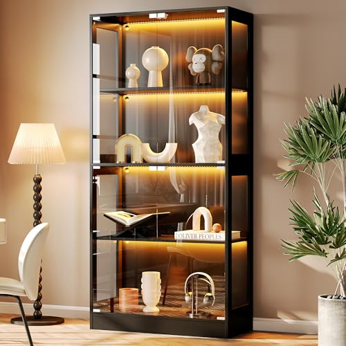 Rosebibi Vitrina de 80 x 35 x 170 cm, cristal transparente, 4 niveles de almacenamiento, puertas push-to-abiertas, para figuras y modelos, color negro elegante