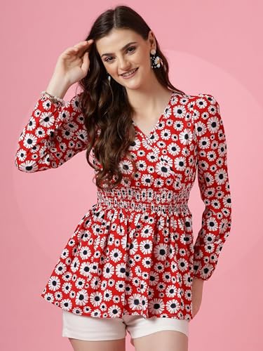 Image of Sheetal Associates Women's Crepe Puff Sleeves Peplum Top with Floral Printed Regular Fit Full Sleeve and V-Neck Maxi Length