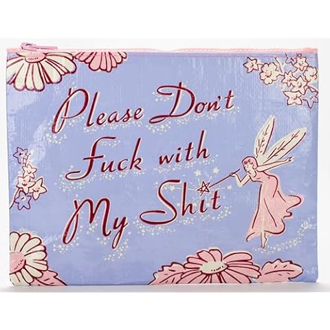 Blue Q Please Don't F**k With My Shit Zipper Pouch Features a chunky sturdy zipper, easy-to-wipe-clean, made from 95% recycled material, 7.25" h x 9.5" w Cover