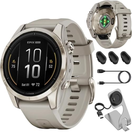 Garmin Epix Pro (Gen 2), 42mm, Sapphire, Soft Gold Steel, Light Sand 010-02802-10 Bundle with Deco Essentials Charging Dock, 3X Silicone Dust Cover and USB Type C Charging and Sync Cable