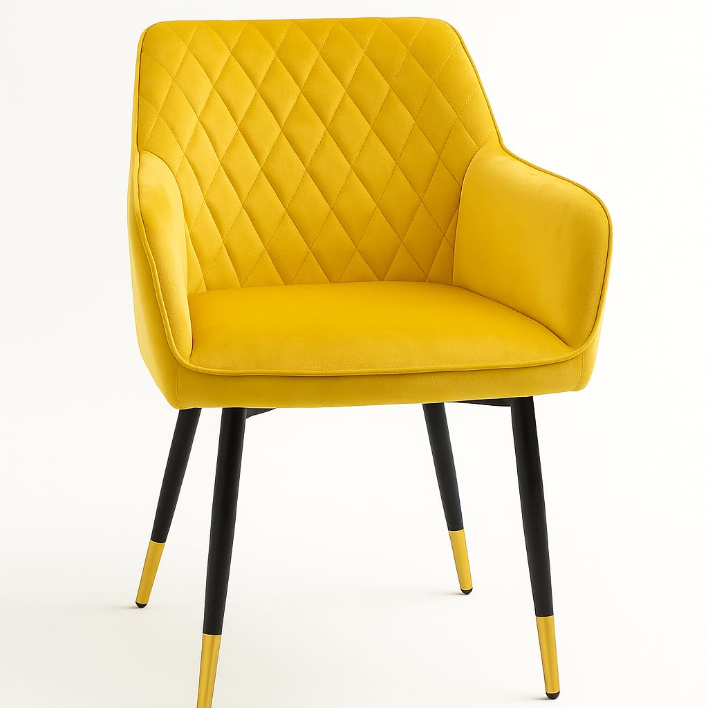 Set 2 Poltroncine in Velluto Trapuntato con Braccioli – Gambe Ferro Nero Dettaglio Oro – Seduta 49 cm – Sedia Design per Sala da Pranzo Soggiorno Sala d'Attesa Ufficio – 60x63x80 cm (Giallo canarino)