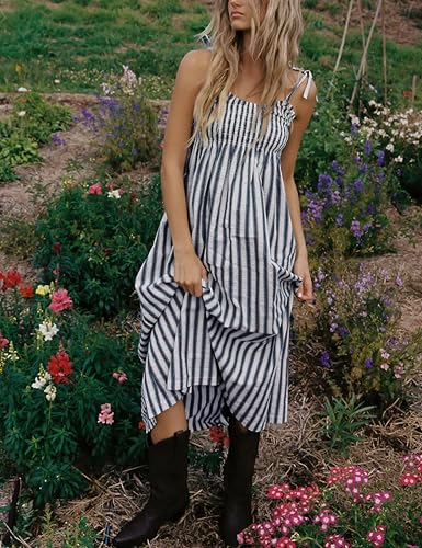 Image of Lentta Women's Striped Smocked Maxi Dress Causal Spaghetti Strap Stretchy Flowy Swing Long Dress with Pockets