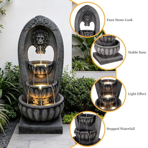 Image of Lion Head 3-Tier Outdoor Water Fountain, Resin with LED, 43 in