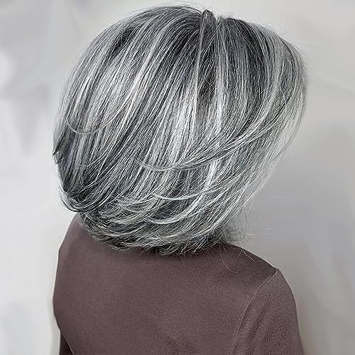 TISHINING Grey Short Bob Wigs for White Women with Curtain