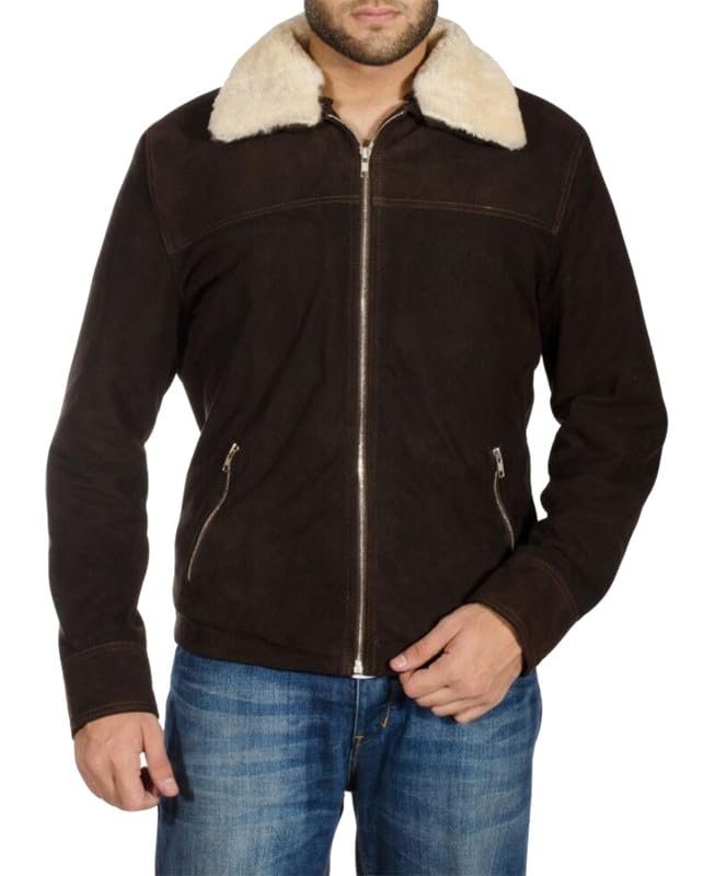 Rick Grime Brown Real Suede Leather Jacket Fur Collar Suede Biker Jacket - Walking Andrew Lincoln Jacket2