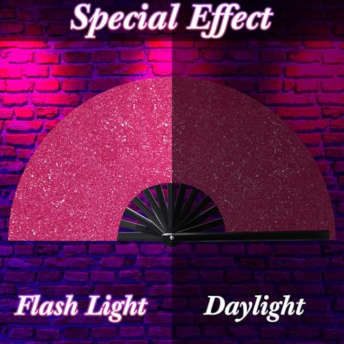 Image of Vercraft 13'' Large Rave Fan for Women Rave Accessories Festival Outfits Glitter Hand Folding Clack Fan for Line Dancing EDM Music Festival Outfits(Rose Gold)