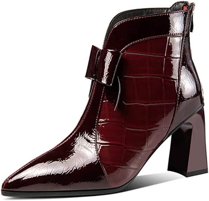 TinaCus Patent Leather Women's Handmade Pointed Toe High Heel Glossy Bowknot Ankle Booties with Back Zip