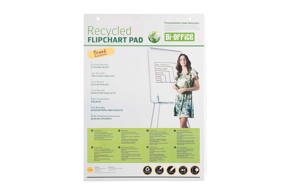 Bi-Office Earth - Bloc de Papel Reciclado para Pizarra Rotafolios, Euro, 40 Hojas por Bloc, 55 g/m², Paquete de 5 Bloques