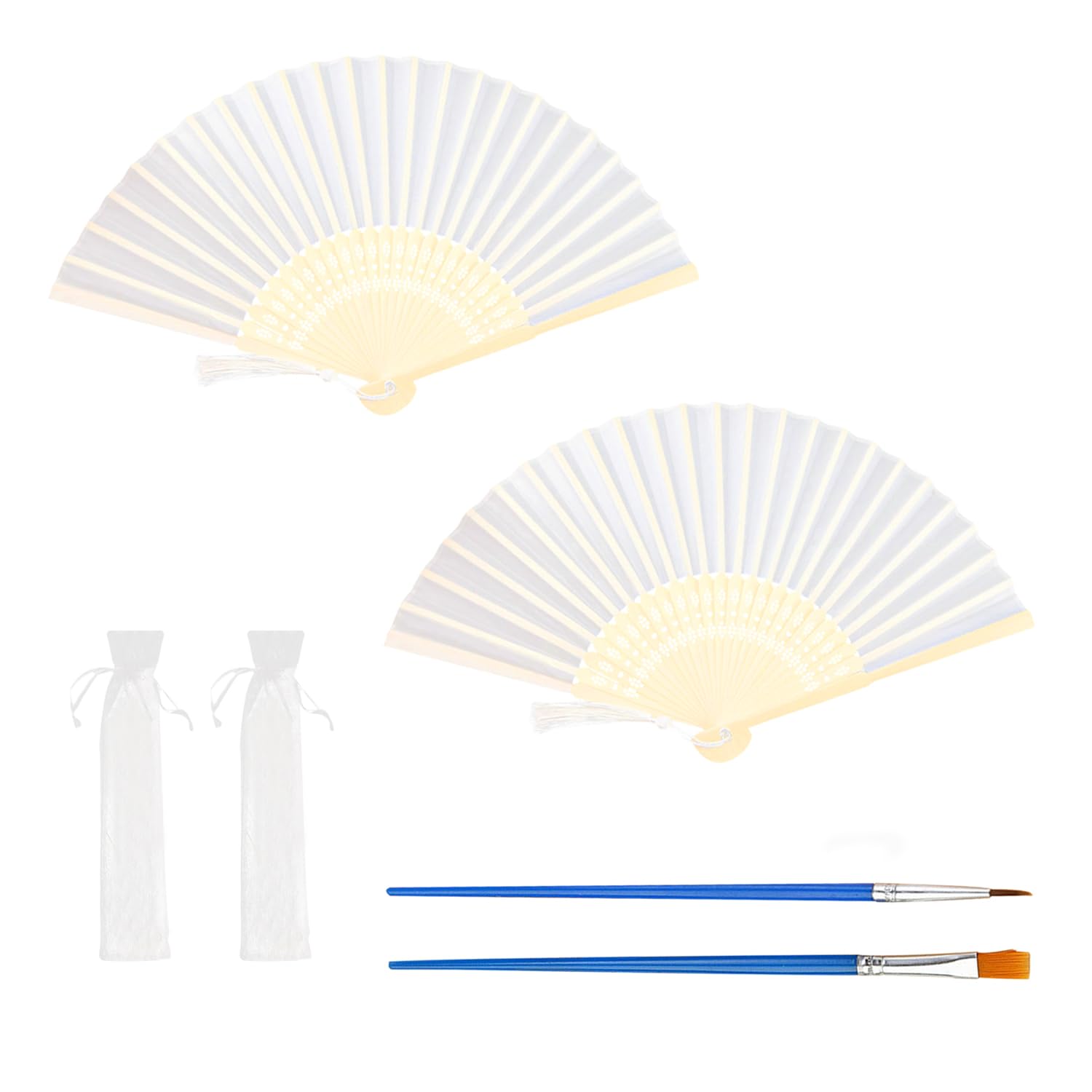 2 White Fans with 2 Painting Brushes Wall Decor Portable Fabric Fan Hand Held Folding Fan Chinese Tassel Hand Fan Ceremony Fan for Party Celebration Wedding