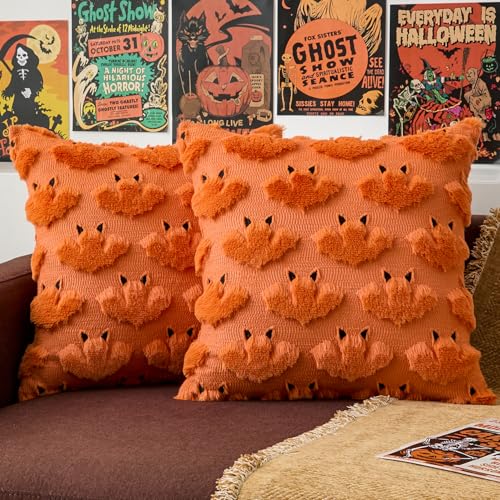 Kevin Textile Happy Halloween Pillow Covers 20x20 Inch Set of 2 3D Bats with Ears Embroidery Decor Soft Plush Faux Fur Throw Pillows Pillowcases for Holiday Decor Sofa Couch Bedroom Orange