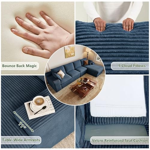 Image of 107 inch Cloud Couch Modular Sectional Sofa for Living Room, L-Shape Boneless Couch with Deep Seat, Modern Corduroy 3-Seater, No Assembly Required (Blue,Right-Facing Chaise)