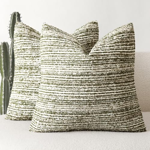 Image of Foindtower Set of 2 Faux Fur Textured Modern Throw Decorative Pillow Covers Square Accent Striped Cushion Sherpa Boho Farmhouse Pillowcase for Couch Sofa Living Room Home Decor 20x20 Inch,Sage Green