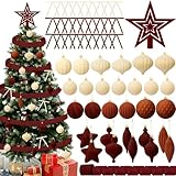 Hollowfly 56 Pcs Velvet Christmas Tree Ornaments Set 30 Flocked Christmas Ball 24 Bows 1 Star 6 Yard Ribbon Flocked Xmas Tree Ornaments for Xmas Holiday Decor(Wine Red, White)