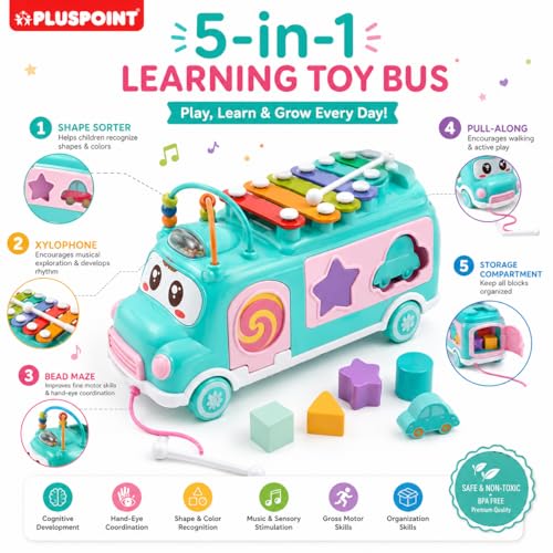 Image of PLUSPOINT Activity Bus Musical Toy for Toddlers | School Bus Xylophone with Shape Sorter & Knocking Game | Educational Learning Toy for 1+ Year Old Boys & Girls | Birthday Gift