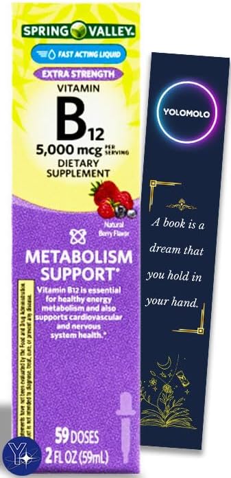 Vitamina B12 líquida, 5000mcg, suplemento de metabolismo, baya, 2 fl oz Spring Valley y marcador de regalo de YOLOMOLO