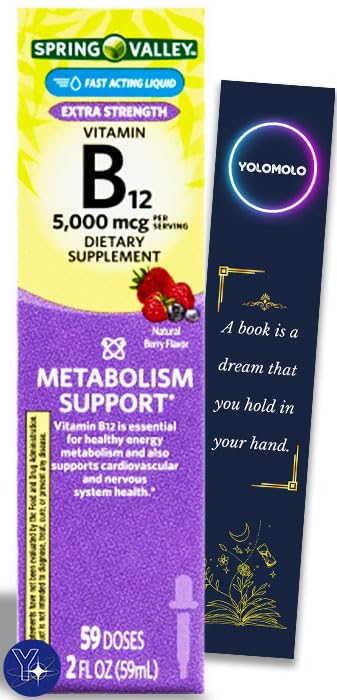 Liquid Vitamin B12, 5000mcg, Metabolism Supplement, Berry, 2 fl oz Spring Valley and Bookmark Gift of YOLOMOLO