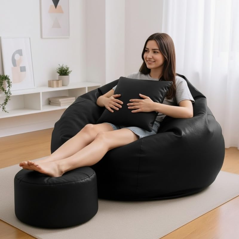 Image of Biggie Bean Bag with Beans Filled 4XL Classic Comfort Bean Sofa-Crafted for Comfort-Styled for Modern Homes with Free Cushion & Footrest (Matching Color : Leatherette Black)