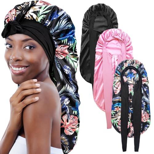 Bonnet en satin pour cheveux longs anti-casse et frisotis avec bandeau souple ajustable lot de 3