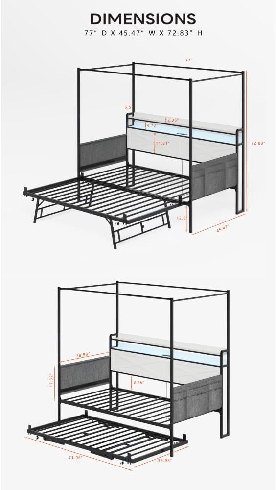 Twin Daybed with Trundle, Metal Sofa Bed Frame, Heavy - Duty Metal Daybed, Rustic Twin Daybed, Space - Saving Trundle Bed,White