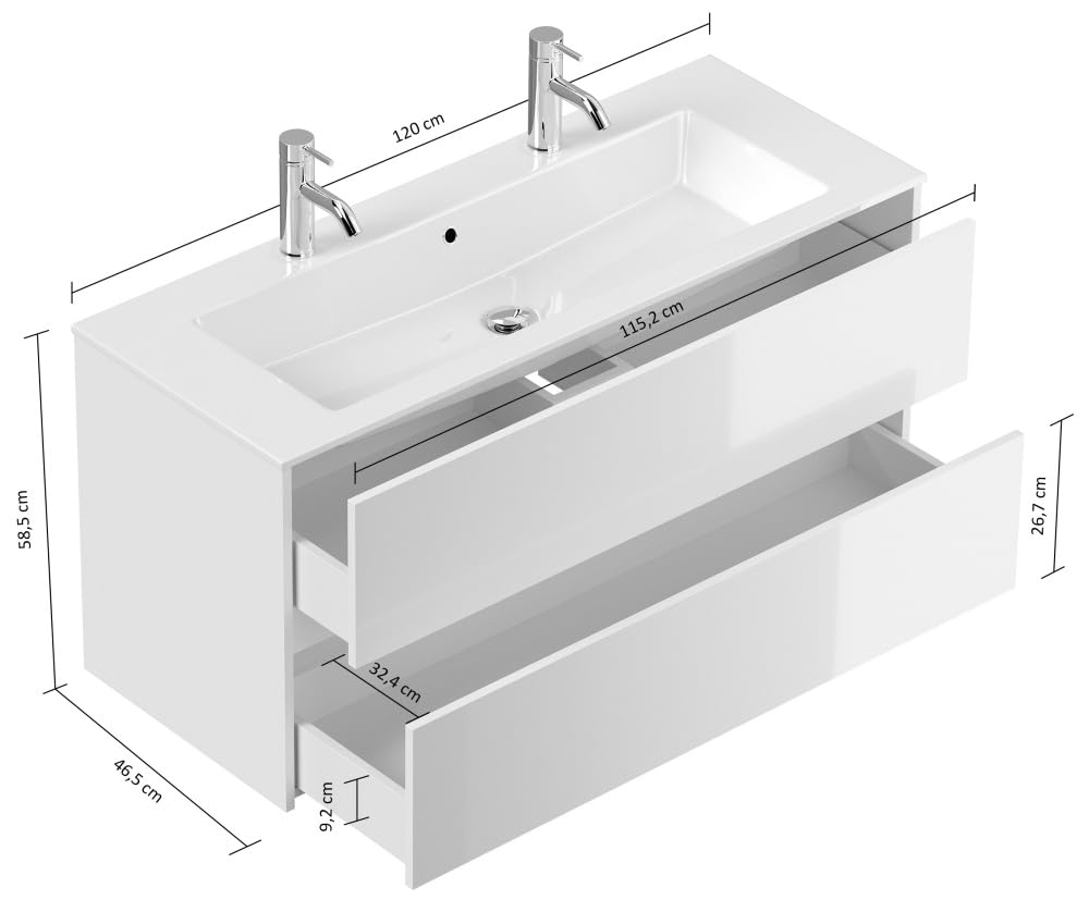 Magnolia Home Doppelbadmöbel Taifun & Waschtisch 120 cm 2 Greif SoftClose Weiß Hochglanz Badezimmerschrank mit Mineralguss Waschbecken