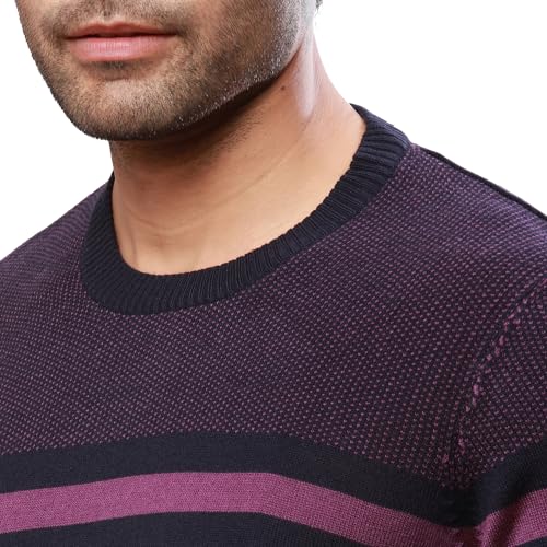 Image of Raymond Men's Regular Fit Acrylic Wool Blend Full Sleeve Round Neck Stripe Pattern Dark Violet Casual Sweater