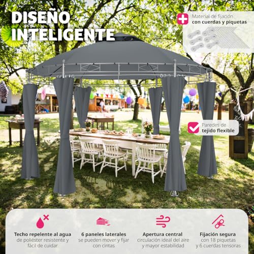 tectake® Pabellón Jardín Redondo, Cenador Impermeable con Paredes, Pérgola Plegable, Protección UV, Carpas para Exteriores, Cenadores para Jardin y Camping, Toldo Playa Grande - 350 cm Antracita - imagen 3