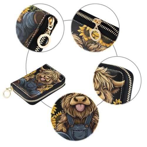 GAIGEO Credit Card Protector RFID Blocking Leather Womens Wallets Zip Around Coin Purse Pouch with Zipper Sunflower Cute Highland Cow4