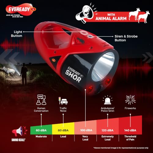 Image of EVEREADY Shor DL190, Commander Torch, 5W Front Light & 3W Sidelight, Rechargeable, USB Type-C Fast Charging, Light Strobe, 100 dBA Animal Alarm, Powered by Li-ion Battery