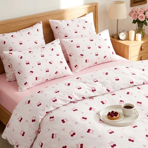 Image of Nayoroom Pink Striped Bow Duvet Cover Queen Size Red Cherry Duvet Cover 3 Pieces Soft Lightweight Microfiber Girls Cute Aesthetic Dorm Bedding Set with Zipper Closure