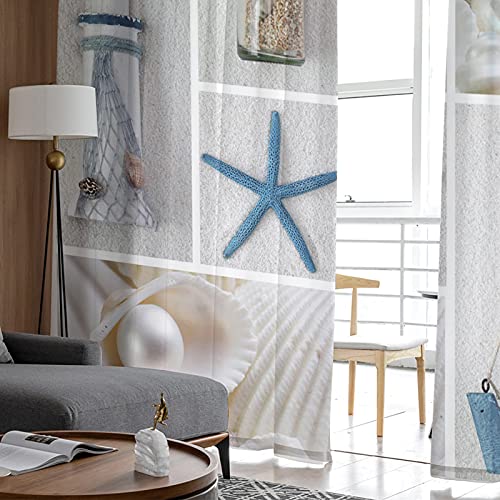 Beach Starfish Sheer Curtains 63 Inches Length 2 Panels Set, Nautical Coastal Bedroom Curtain Drapes, Tropical Ocean Seashell Semi Curtain Sheers For Living Room/Cafe Rod Pocket Voile Window Treatment #TOP3
