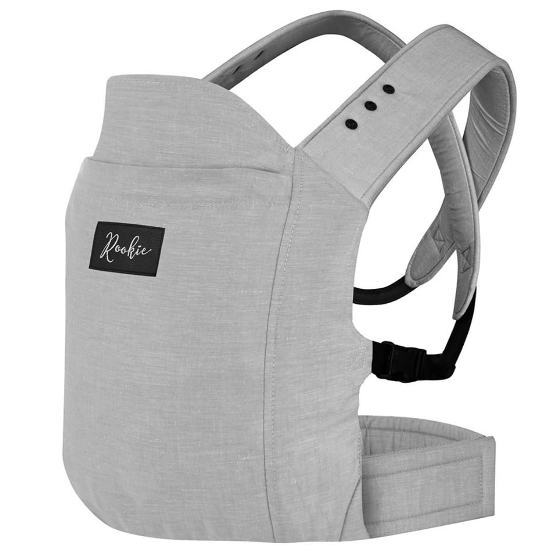 ROOKIE Baby Noszenie Premium – designerskie nosidełko na brzuch – certyfikowana bawełna ekologiczna – ergonomiczny z regulowanym mostkiem – dla noworodków od urodzenia do 15 kg (szary)
