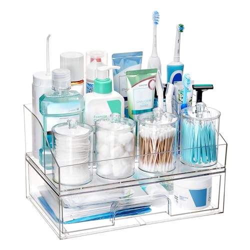 Vtopmart 6 PCS Bathroom Countertop Organizer, 1 Divided Tray with 4 Qtip Holder Jars and 1 Drawers, Restroom...
