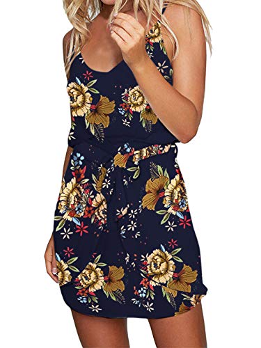 ACHIOOWA Vestidos Verano Mujer Vestido de Tiras para Mujer Cuello en V Estampado Floral Vestidos Cortos y Casuales Playa con Cinturón 5-Azul L Cover