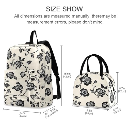 Backpack Lunch Bag Set Vintage Black Floral Print, Big Storage Travel Backpacks with Insulated Lunch Box for Office Hiking Picnic2