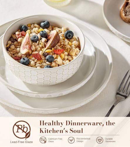 Image of Lareina 18 Piece Dinnerware Sets for 6, Farmhouse Style Stoneware Plates and Bowls Sets, Embossed Boho Ceramic Dish Set, Scratch Resistant & Dishwasher Safe, Vintage White