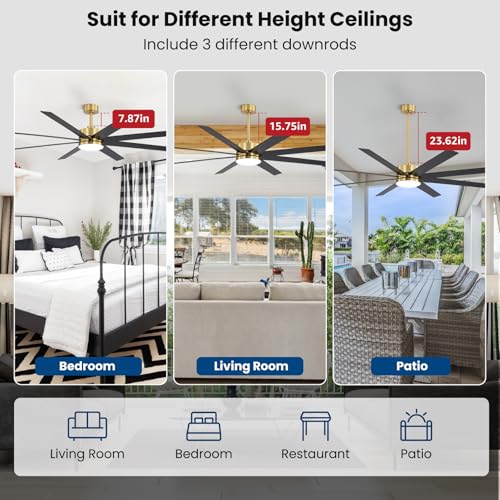 Image of 72 Inch Ceiling Fans with Lights and Remote, Dual Color 8 Blades, Living Room Office Library Cafe Indoor Outdoor Industrial, 3CCT Dimmable, 6 Speed Reversible Quiet DC Motor, Gold /Wood Grain