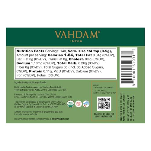 Image of VAHDAM, Organic Moringa Powder (2.47oz /70g) 100% Raw, Gluten Free Moringa Leaf Powder (Moringa Oleifera) Perfect for Cooking, Smoothies, Lattes & Moringa Tea | Direct from Source